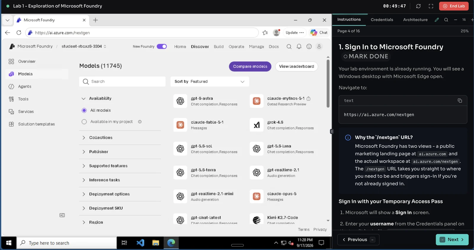 A running AI-103 lab: on the left a Windows desktop signed in to Microsoft Foundry showing its model catalogue, on the right the lab instructions at page 4 of 16, with a session countdown and an End Lab button along the top.